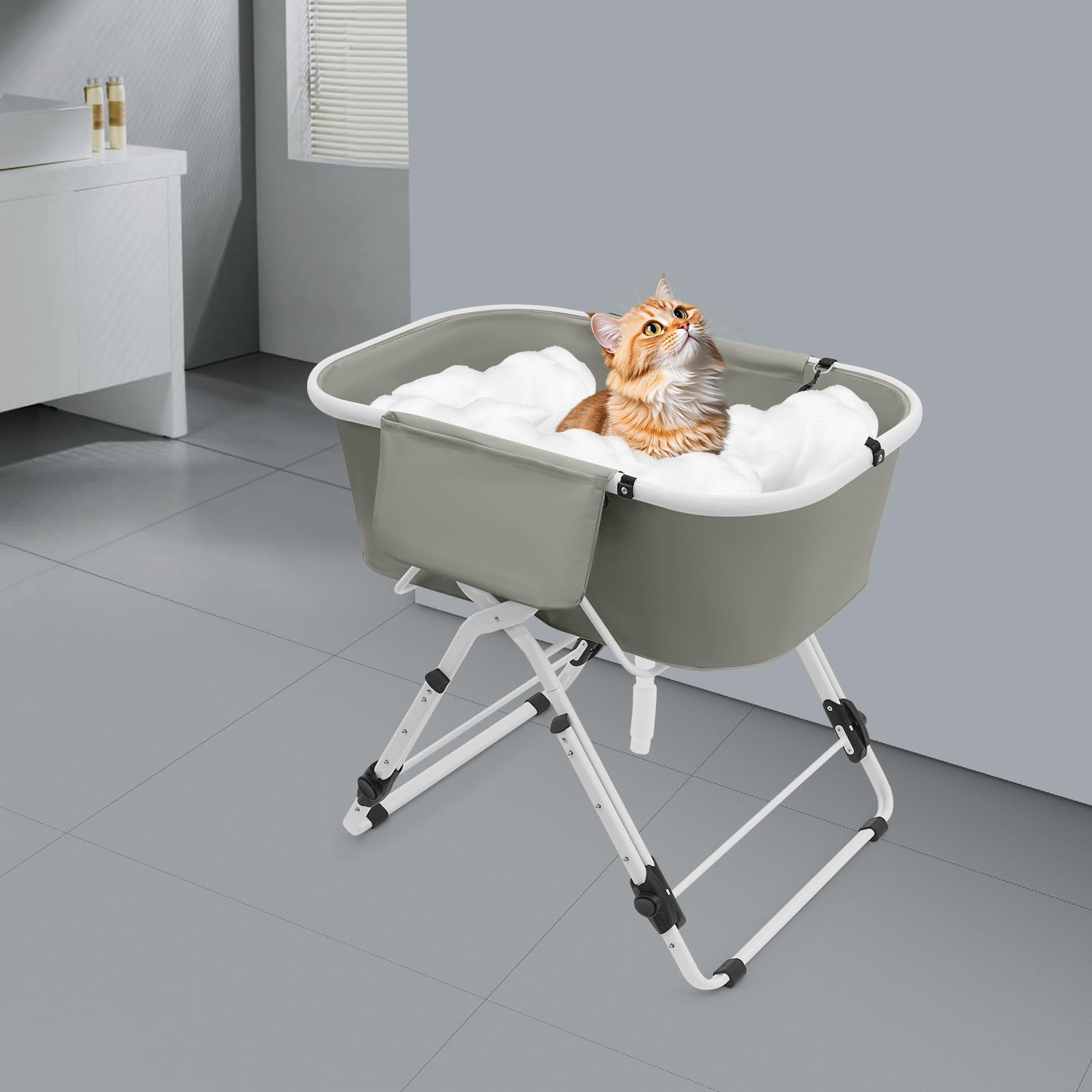 Hundebadewanne, Hundedusche für Kleine und Mittelgroße Hunde und Katzen, Badewanne mit Gestell, Erhöhte und Zusammenklappbare, Effiziente Entwässerung, Grau