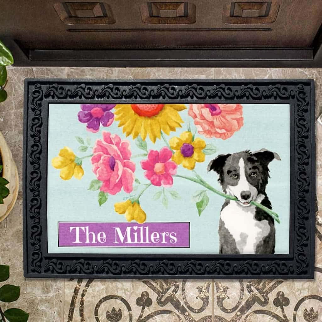 Paillasson personnalisé avec chien et bouquet pour embellir votre entrée de maison