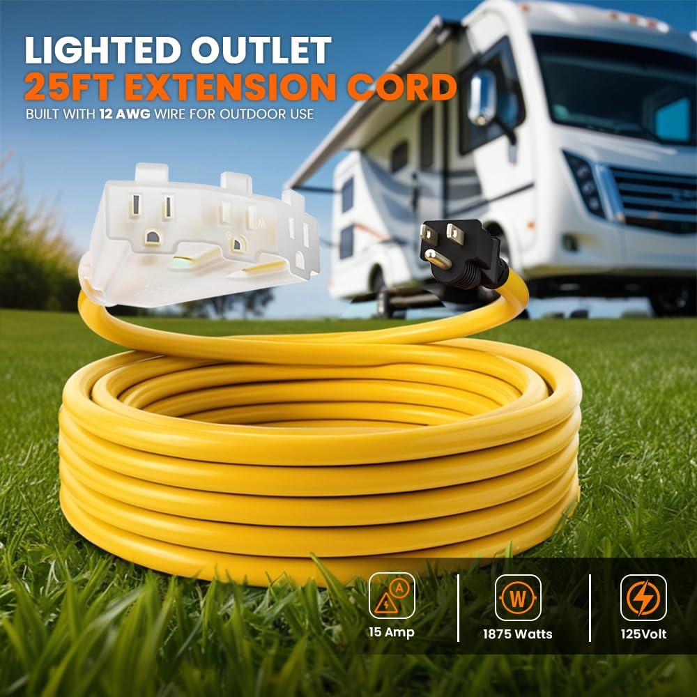 Lighted Outdoor Extension Cord 3 Electrical Power Outlets Fan Style by Journeyman-Pro 12/3 SJTW Heavy Duty Yellow Extension Cable 3 Prong Grounded Plug 15 AMP | 2, 10, 25, 50 Foot (Yellow - 25 FT)