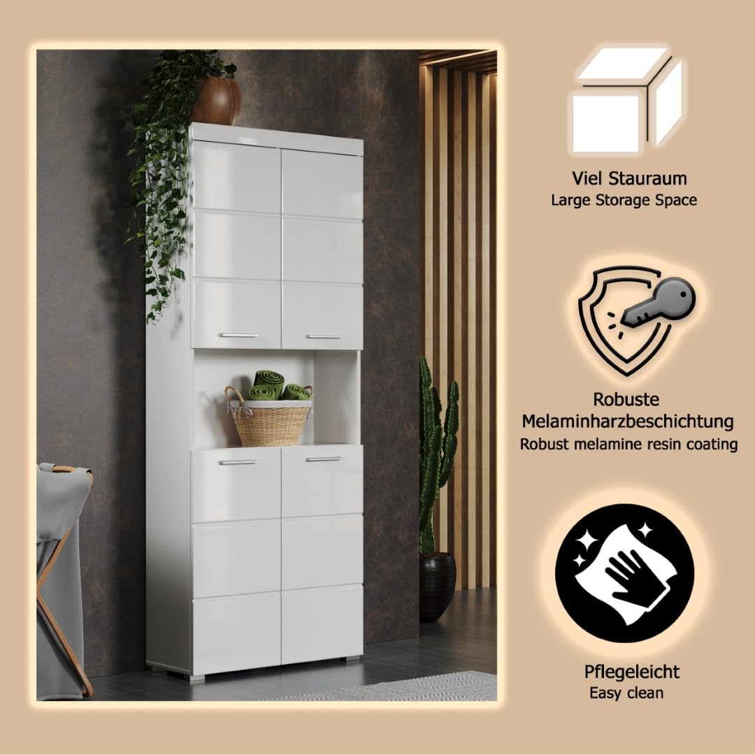 trendteam smart living - Amanda - Hochschrank - Weiß Hochglanz - Badezimmerschrank breit mit 4 höhenverstellbaren Einlegeböden - (BxHxT) 73 x 190 x 31 cm - 8 Fächer und ein großes offenes Fach – Bild 6