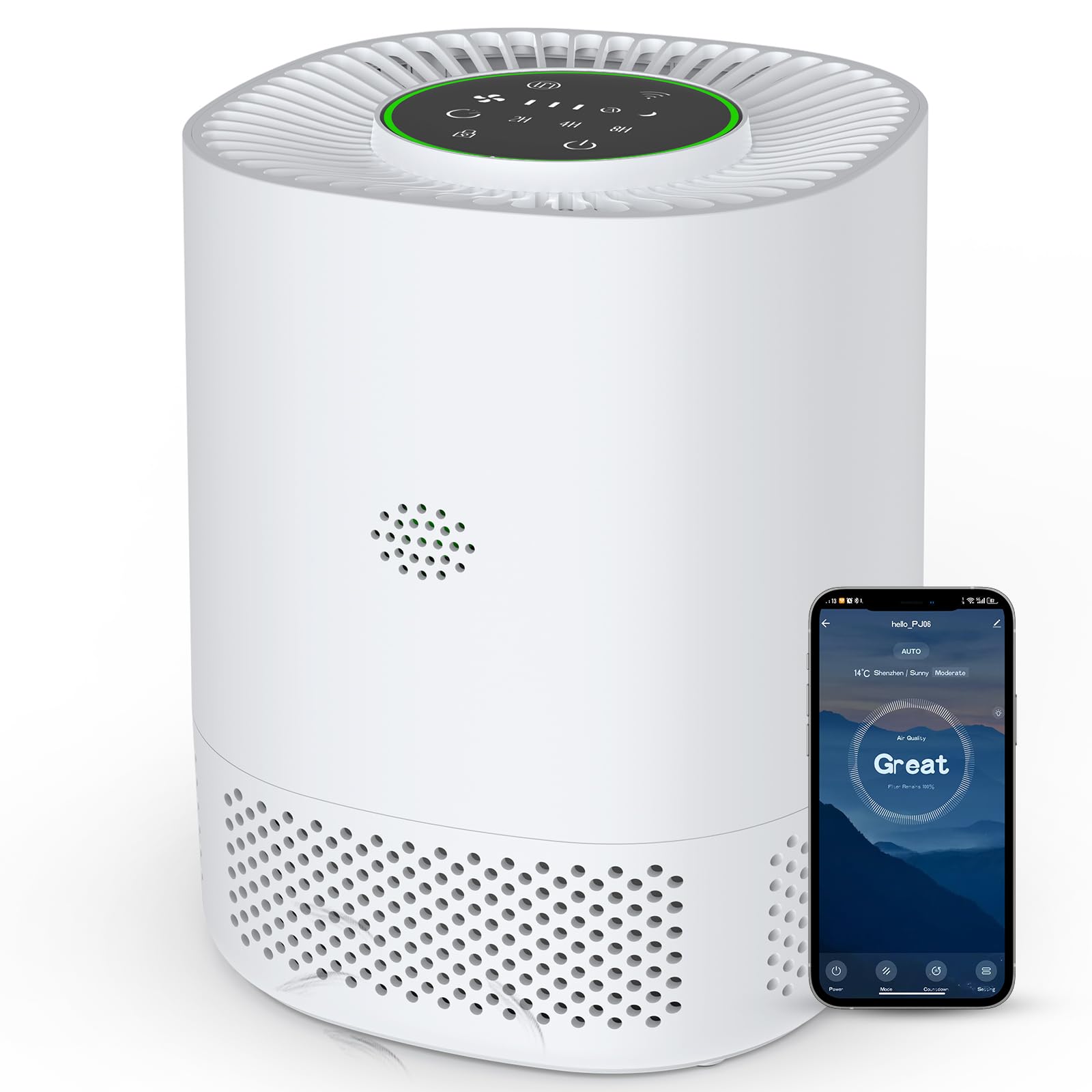 Purificador de Aire con Filtro HEPA, Air Purifier Silencioso 22dB, 99.97% Elimina Polen/Ácaros/Olores, 3 Velocidades, 2 Modes, APP Control, Temporizador 2H/4H/8H, Ideal para Alergias y Mascotas