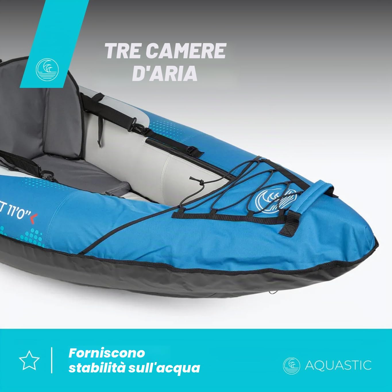 AQUASTIC Kayak Delf 11'0" Kayak gonfiabile per 2 persone in set con due posti, pompa, pinna e copertura da acqua blu con dimensioni 335x96 cm Perfetto per rafting e gite Robusto materiale in PVC