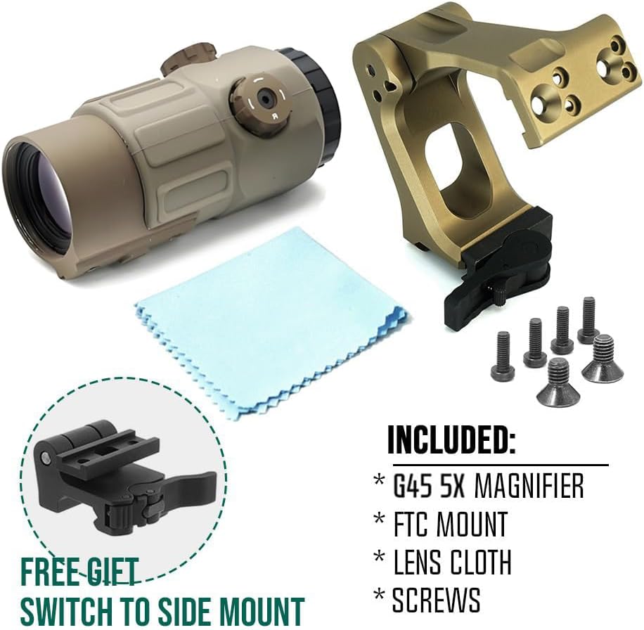 G33/G43/G45 3X/5X Riflescope Magnifier, Holographic Sight, 3x/5X Mirror Magnifying Glass, Side Foldable Flip Adjustment, with Switch to Side Quick Detachable QD Mount