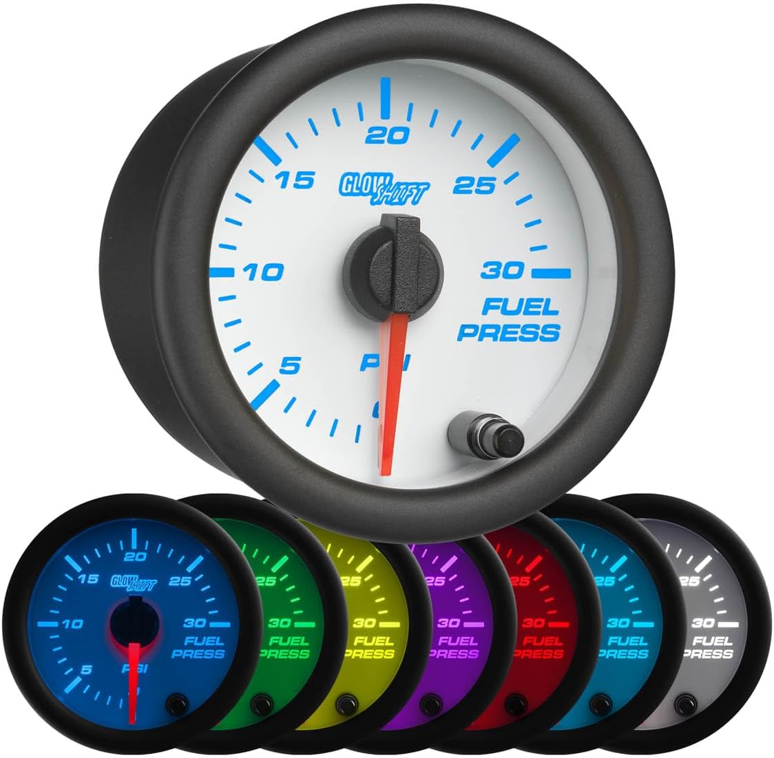 GlowShift White 7 Color 30 PSI Fuel Pressure Gauge Kit for Diesel Trucks - Includes 1/8-27 NPT Electronic Sensor & Wiring - Multi-Color Display - White Dial - Clear Lens - 2-1/16" 52mm