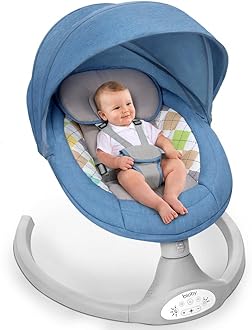 Bioby Electric Baby Swing, Baby Bouncer with Bluetooth, Baby Rocking Chair with 5 Swing Speed, 3 Timer & Remote Control, Baby Swing Chair from Birth for 0-6 Months Newborn (Blue)