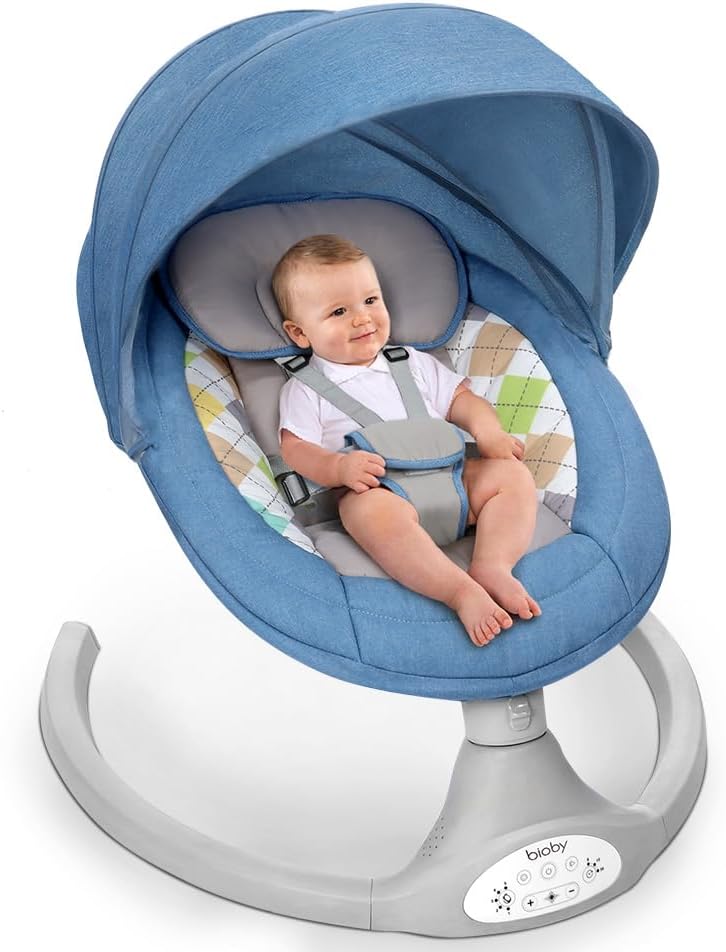 Bioby Electric Baby Swing, Baby Bouncer with Bluetooth, Baby Rocking Chair with 5 Swing Speed, 3 Timer & Remote Control, Baby Swing Chair from Birth for 0-6 Months Newborn (Blue)