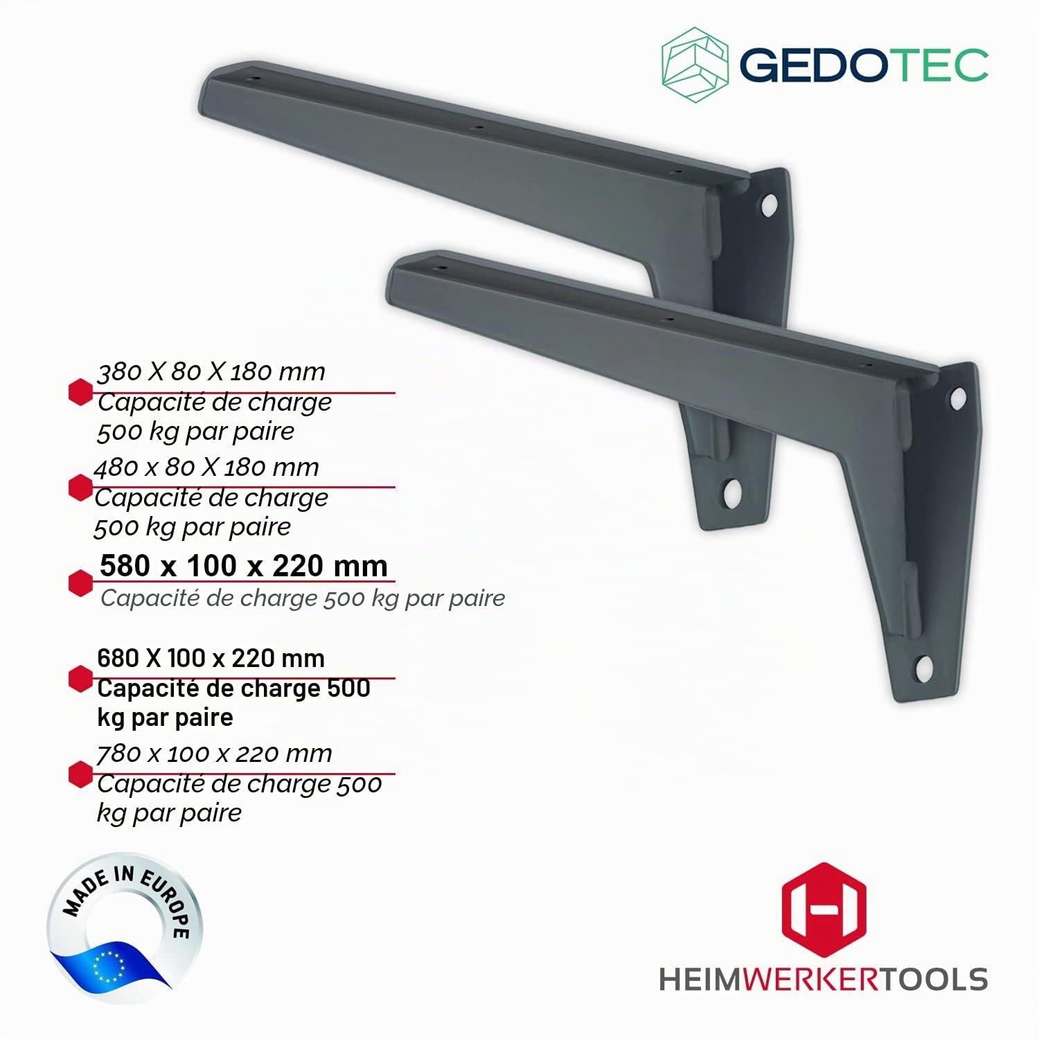 Gedotec Console pour charges lourdes | 1 pc - support d'étagère angulaire | MIRA Strong | longueur 480 mm | capacité de charge 500 kg par paire | support d'étagère en acier massif gris