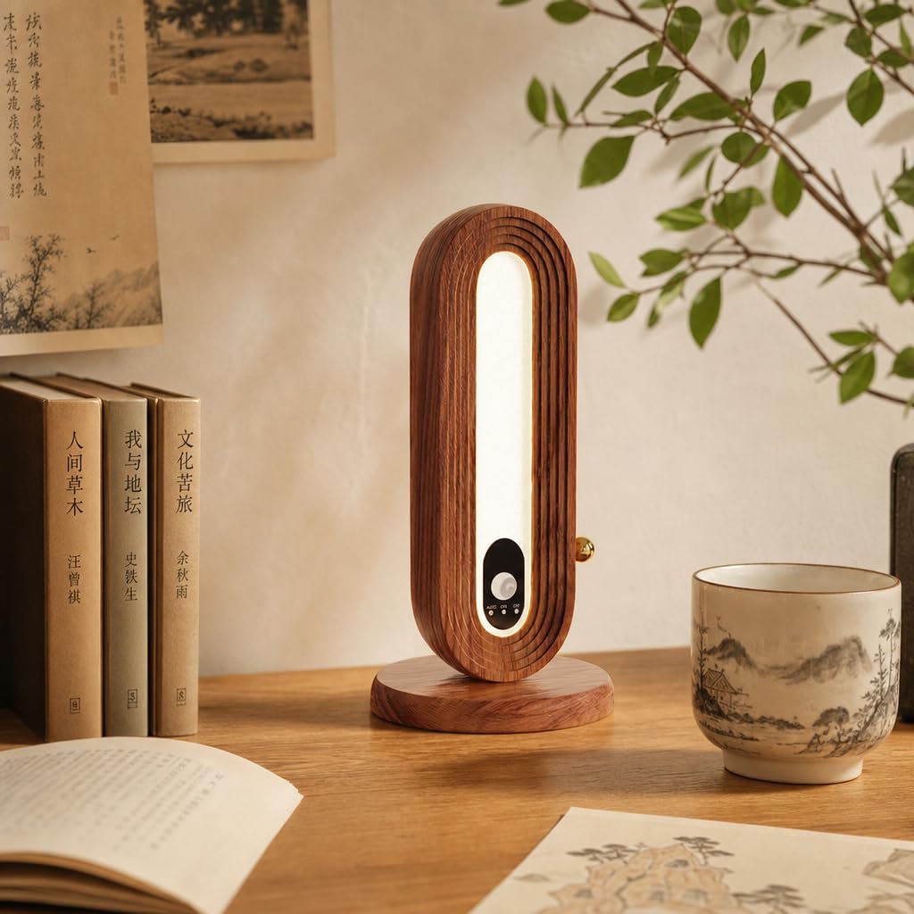 LED Tischlampe mit Bewegungsmelder Holz Akku Tischleuchte Kabellos 3000K Warmweiß Dimmer Nachtlicht Ohne Otromanschluss Wandleuchte Magnetisch Sensorlampe Batteriebetrieben mit Schalter
