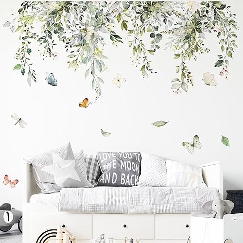 AWAKINK Calcomanías de pared de plantas, hojas, murales, acuarela, flores, vinilo, removibles, mariposas, arte de pared, bricolaje, despegar y