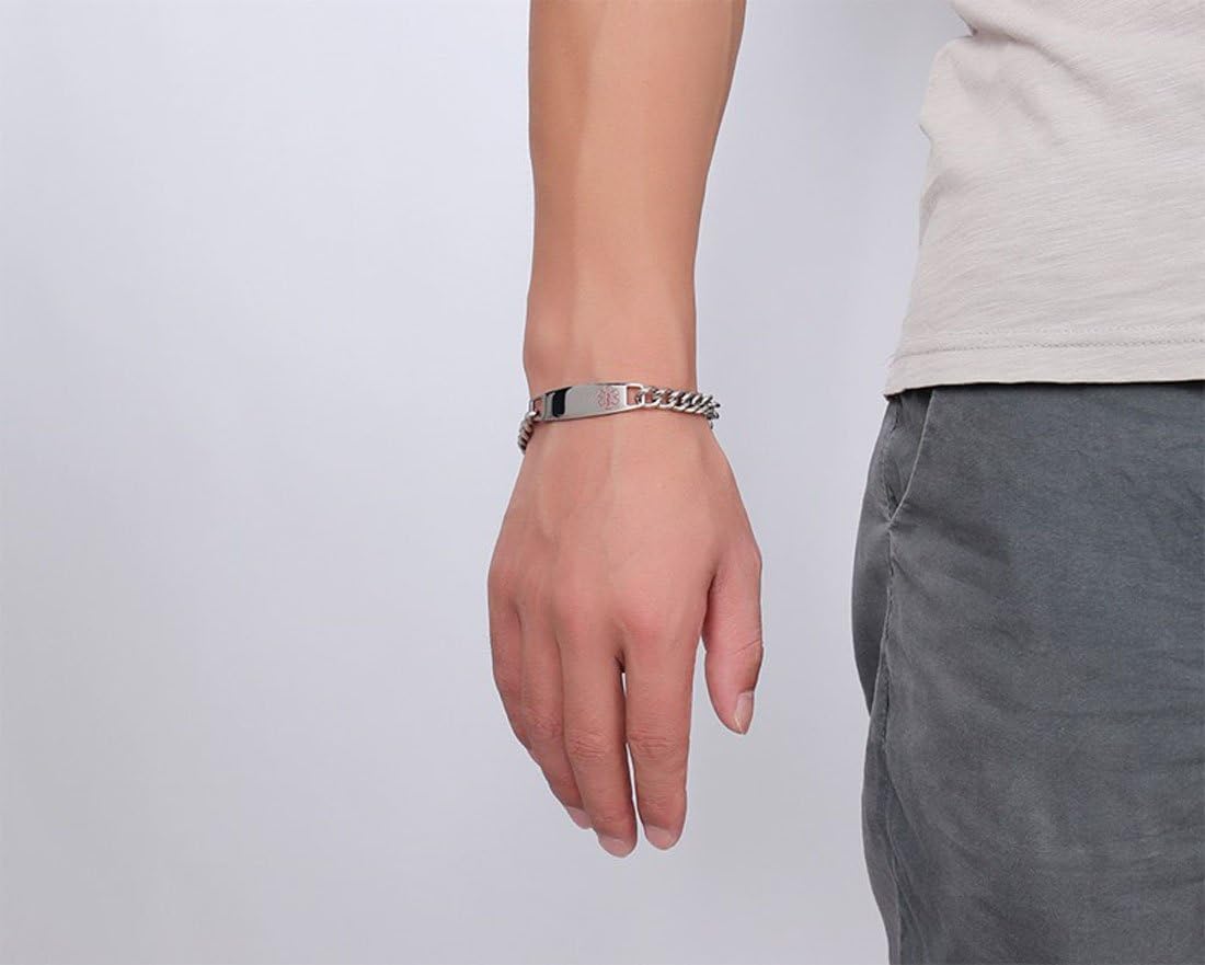 DIB Free Engraving Stainless Steel Medical Alert ID Bracelets Women Men Silver, Wrist Link Chain 7.5"/8.5"