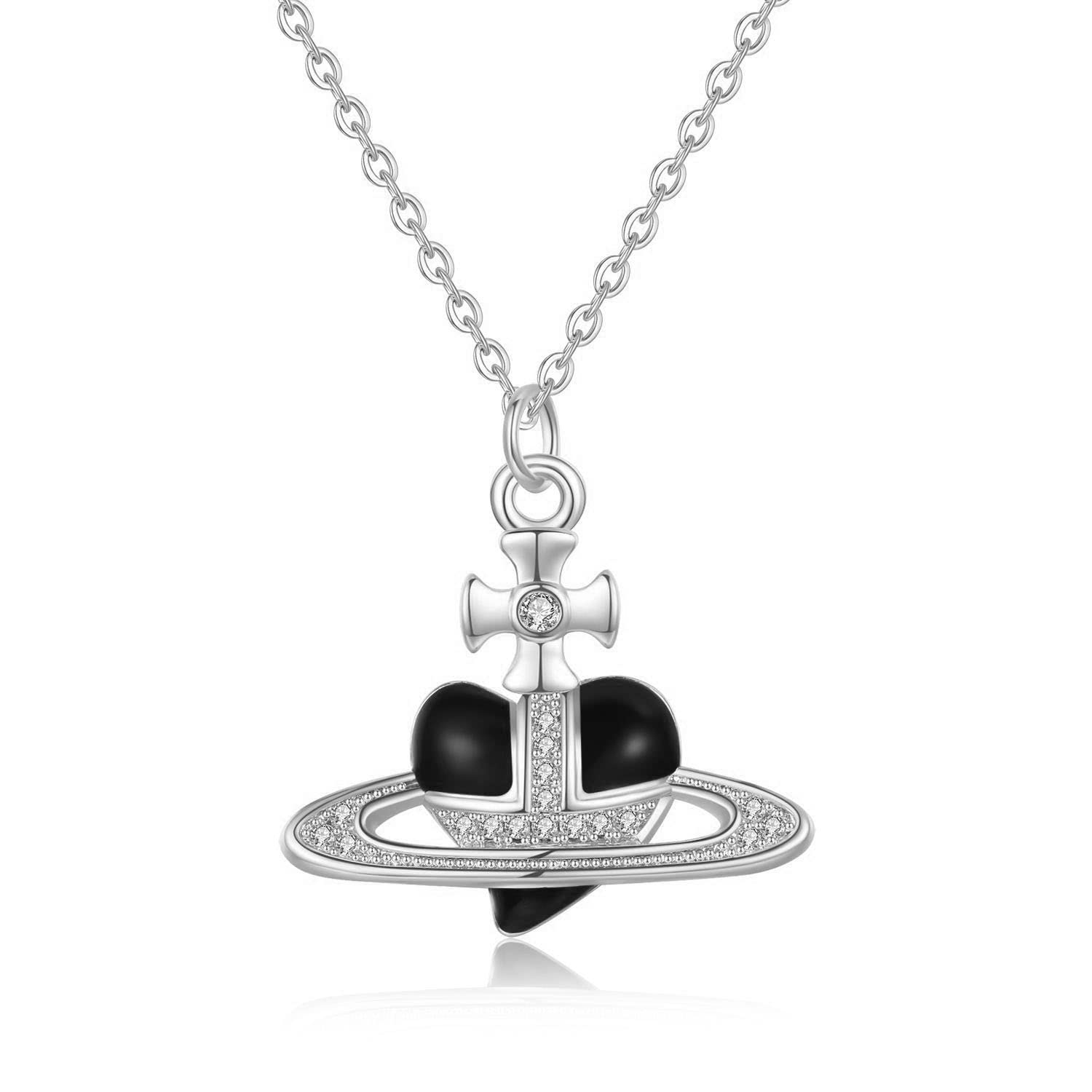 LNIEERPunk Heart Saturn Necklace for Women Jewelry, Fashion Baroque Cubic Zirconia Love Heart Saturn Planet Pendant Necklace Saturn Heart Orb Necklace