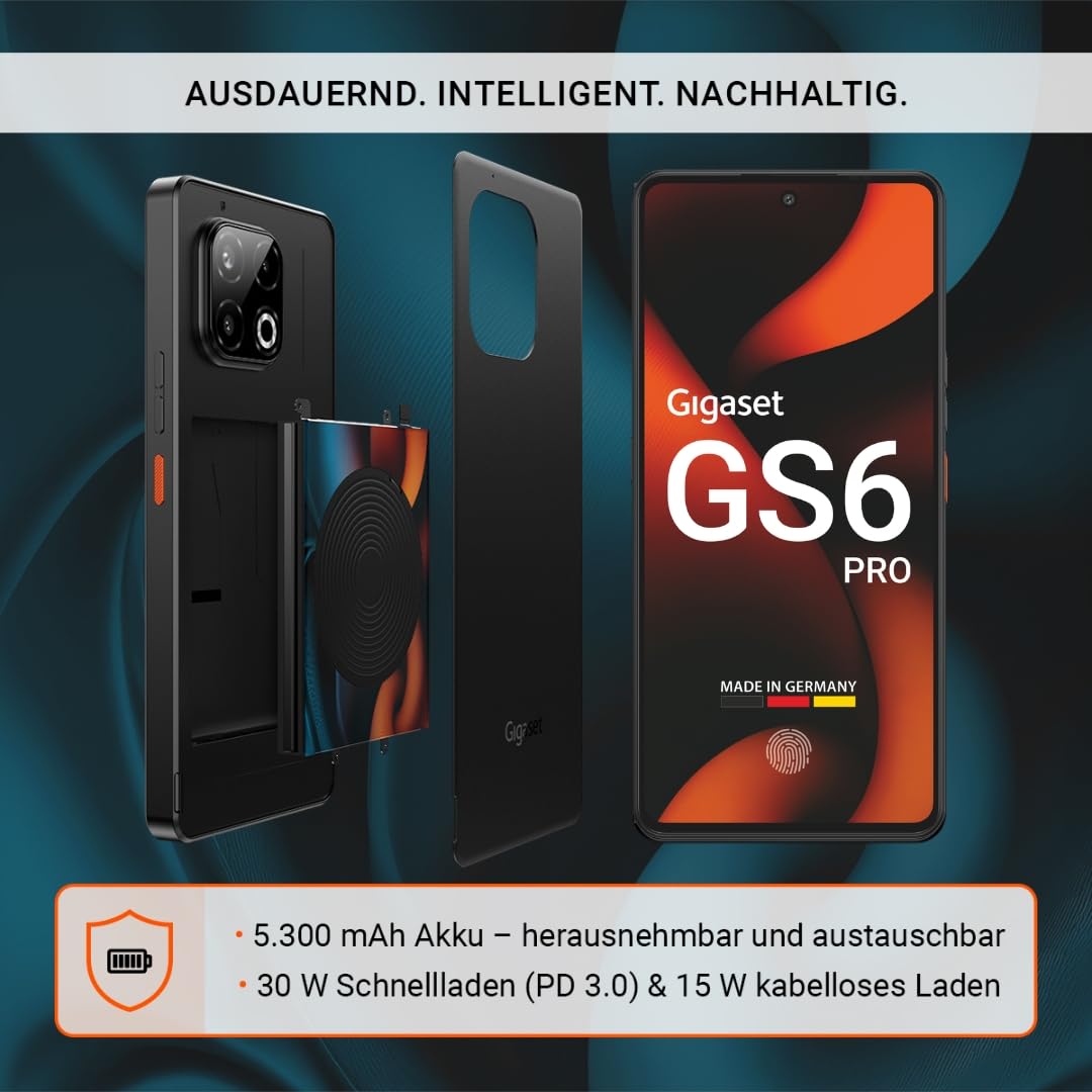 Gigaset GS6 Pro Smartphone, 256GB, 8GB RAM, 6,67-Zoll-OLED-Display, Black | Octa-Core 5G Prozessor, 64+8+2MP Triple-Kamera, 5300 mAh (typ.) Akku, wechselbar, Android 15, Made in Germany