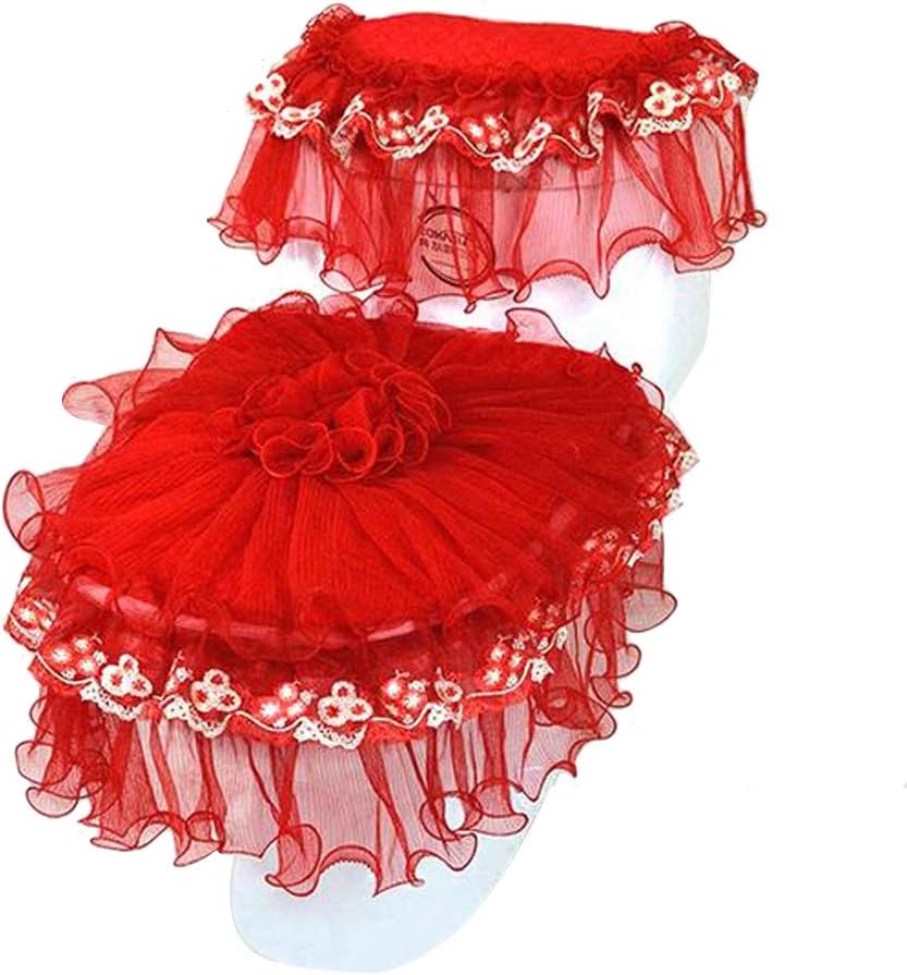 Red Lace U Shape 3Pcs Toilet Seat Cover Water Tank Toilet Lid Covers With Zipper