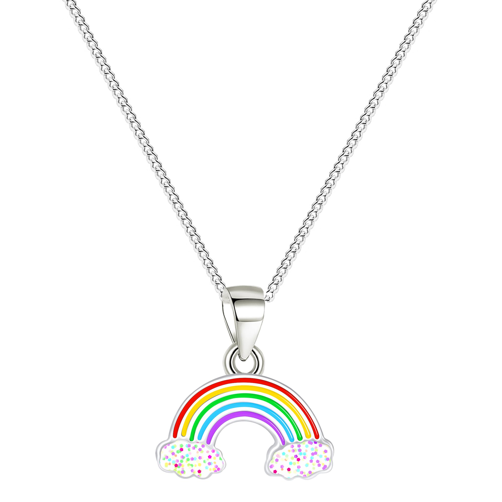 925 Silber Halskette Kinder Kette Regenbogen Wolken Glitzer Anhänger Damen Silberkette Kinderschmuck Kinderkette Mädchen Mehrfarbig Rainbow Bunt