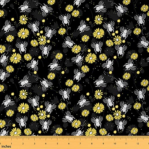 Bee Fabric by The Yard Yellow Floral Upholstery Fabric Sunflower Daisy Decorative Fabric for Quilting Sewing Romantic Garden Country Style Indoor Outdoor Fabric,Craft Patchwork, Black 2 Yard
