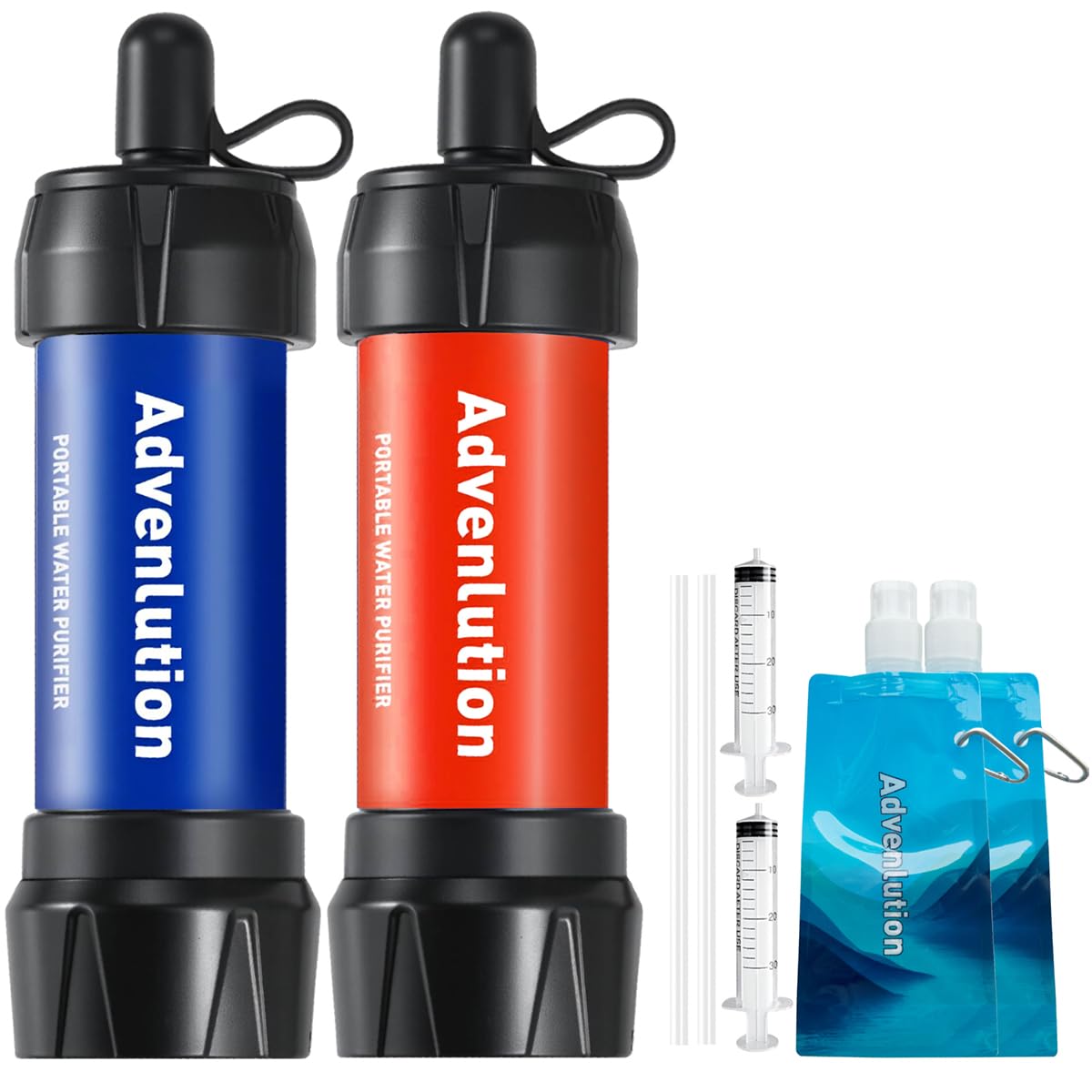 Advenlution 2-Pack Water Filter Straw 0.01 Micron – Personal Survival Water Filtration for Camping Hiking Backpacking Travel Emergency, with Pouch, Straw & Plunger, Fits Standard UK Bottles — image 1