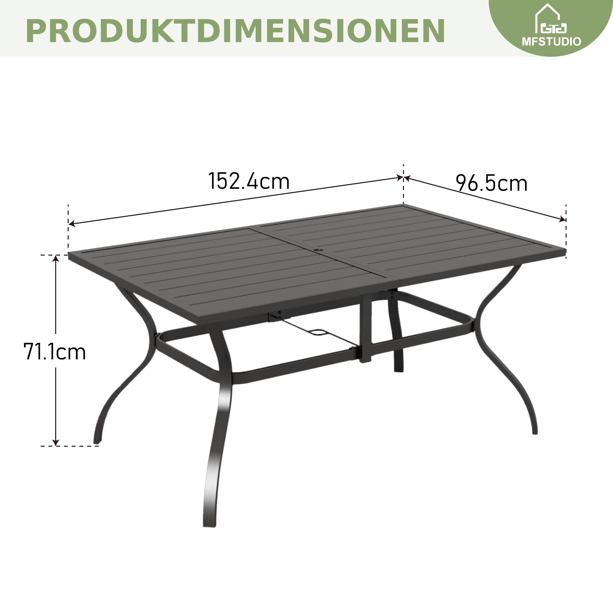 MFSTUDIO Gartenmöbel Set, Terassenmöbel Außen | Bestehend aus Tisch und 4 Stühlen, Rostfreies Metall, Stapelbare Stühle, 152 x 96 x 71 cm, Sonnenschirmöffnung 4–5 cm