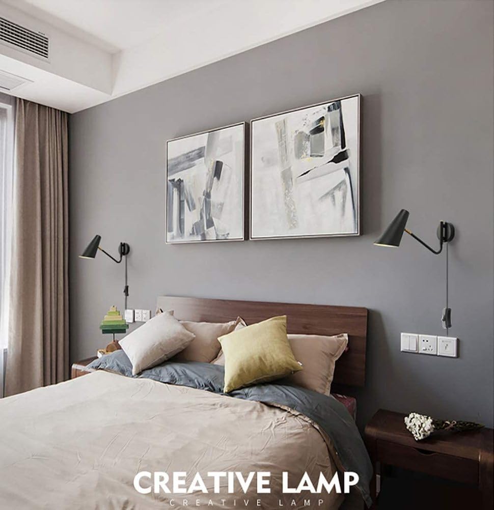 Kinkiet ścienny E27 z obrotowym ramieniem, włącznikiem i kablem, regulowany metalowy uchwyt, retro lampa ścienna do czytania z wtyczką, czarna lampka nocna do salonu, sypialni, hotelu