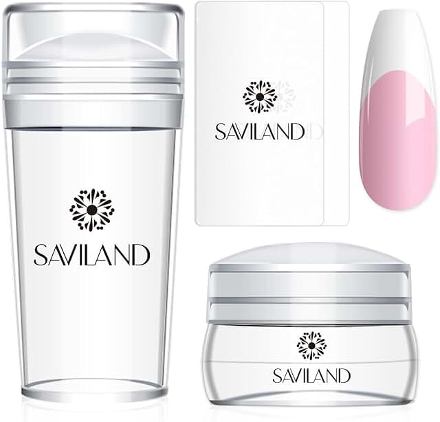 Saviland French Tip Nail Stamp - 4PCS Nail Art Stamper Kit Clear Silicone Nail Stamping Long & Short Jelly Stamper for Nai...