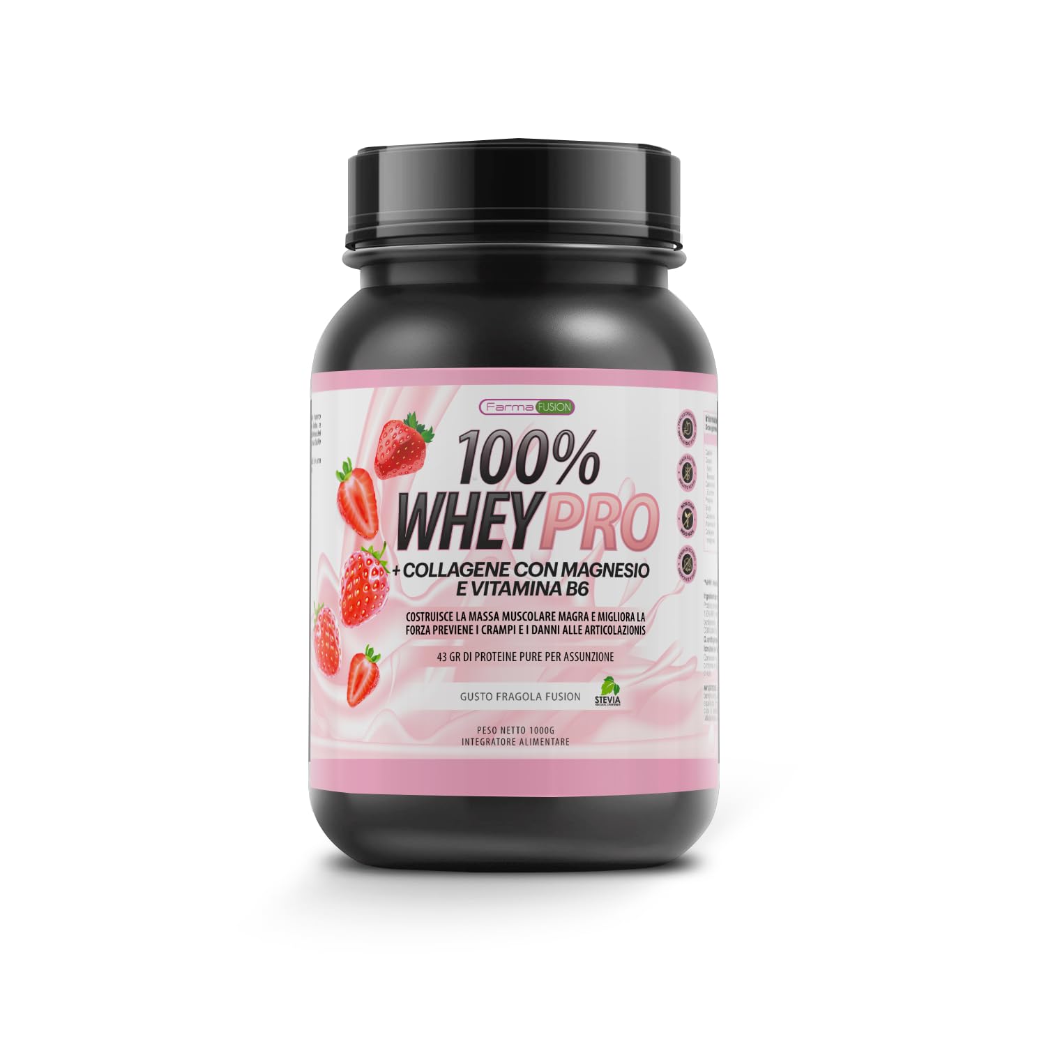 FARMAFUSION Proteine del Siero del Latte | Con Collagene e Magnesio | 43 Grammi di Proteine pure per dose | Aumenta la massa muscolare | Protegge e lubrifica le articolazioni, 1000 g Fragola