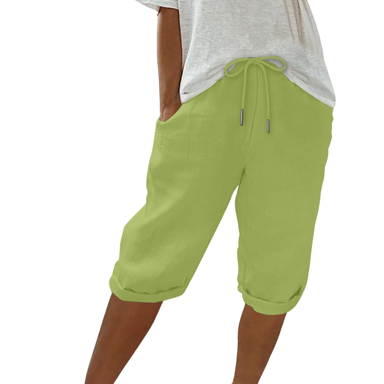 Keepink Linen Shorts for Women UK Elastic Waist Knee Length Summer Shorts Wide Leg Lounge Bermuda Bottom Athletic Short Jogger Bottoms Plus Size Sweat Pants S-3XL Clearance