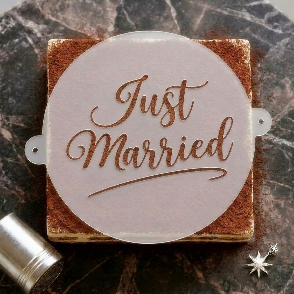Acrylic Tiramisu Stencil and Cocoa Powder Shaker Mat,Reusable Dessert Cake Decorating Template with Handles,8 Inch Round Coffee Stencil Guides for Birthday, Anniversary, Wedding (1, Just Married)