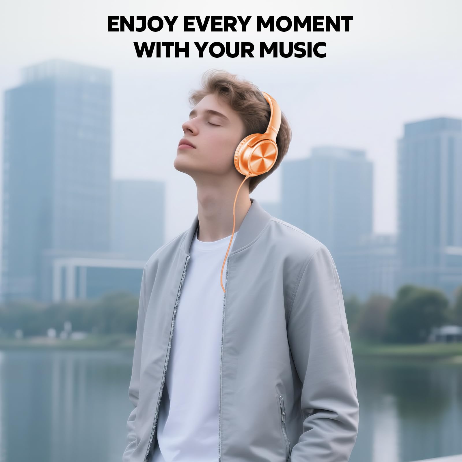 Cowyawn Cuffie USB C cablate, over-ear, con cavo USB C, con microfono, controllo del volume, suono stereo HD, cuffie pieghevoli USB tipo C per adulti/ragazzi/laptop/computer/iPhone 15/16/17, arancione