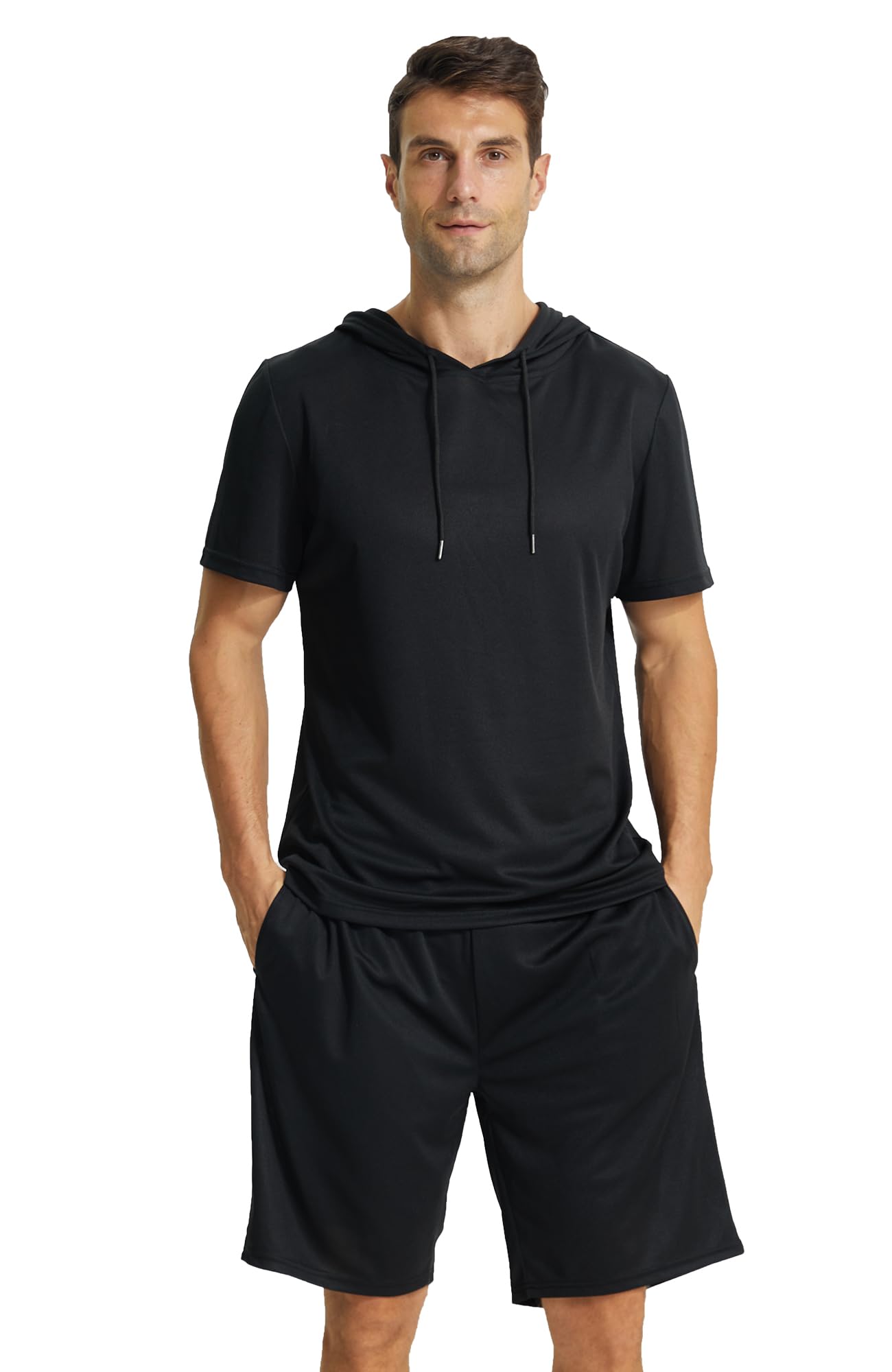 YUSHOW Mens Tracksuit 2 Piece Hooded Athletic Shirt with Short Sleeve Active Running Workout Shorts with Pocket Set Quick Dry