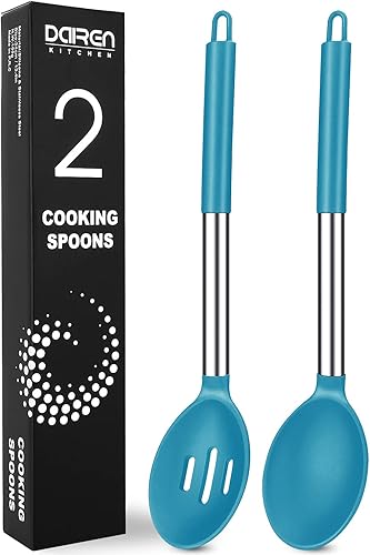 Paquete de 2 cucharas de cocina grandes de silicona, antiadherentes de acero inoxidable ranuradas y sólidas para servir, mezclar, drenar,