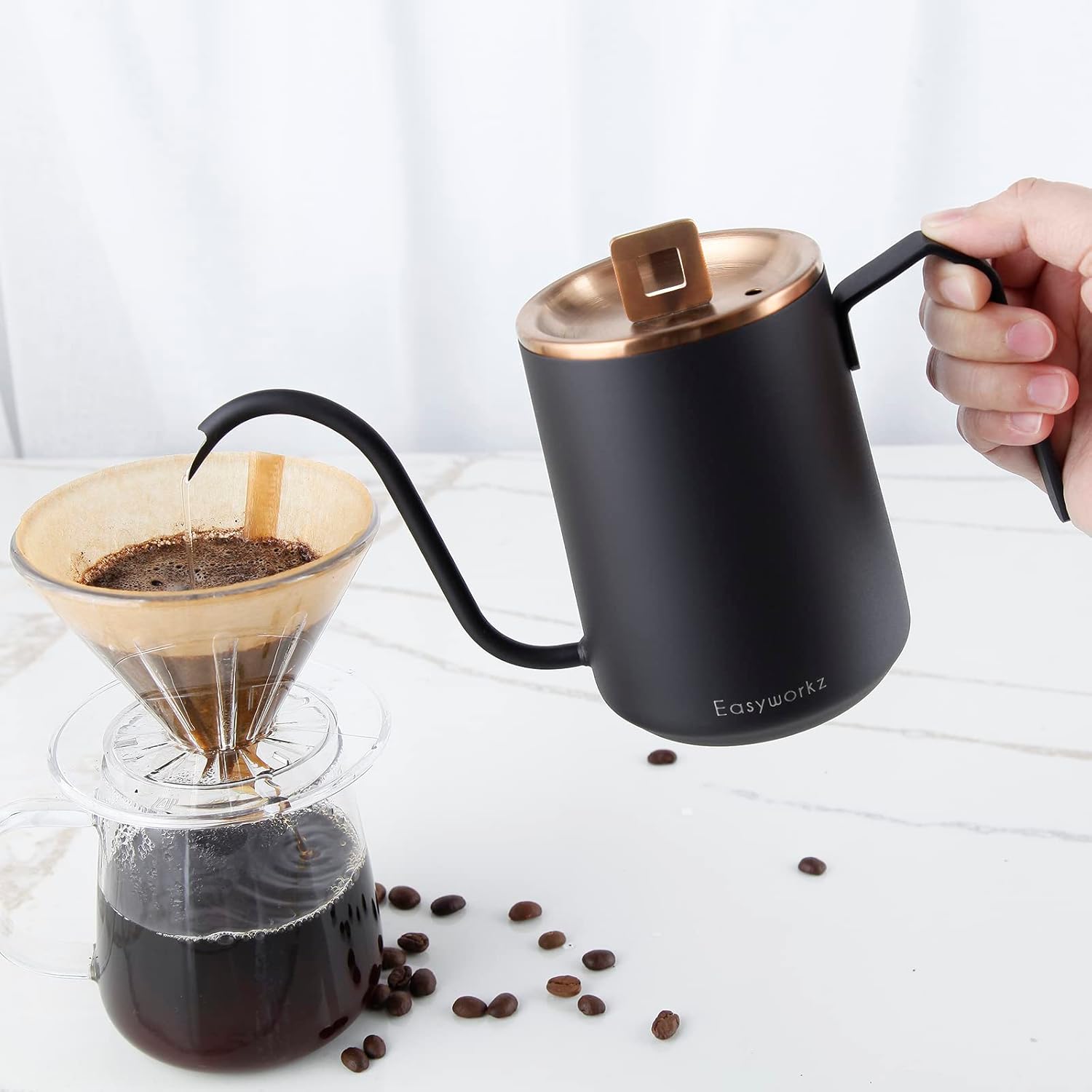 Easyworkz Gooseneck Pour Over Coffee Kettle 20 oz Stainless Steel Hand Drip Coffee Pot, Rose Gold Black, Bundled with Double-Wall Espresso Cups 5 oz Set of 2, Vertical Stripe Design, Chrome