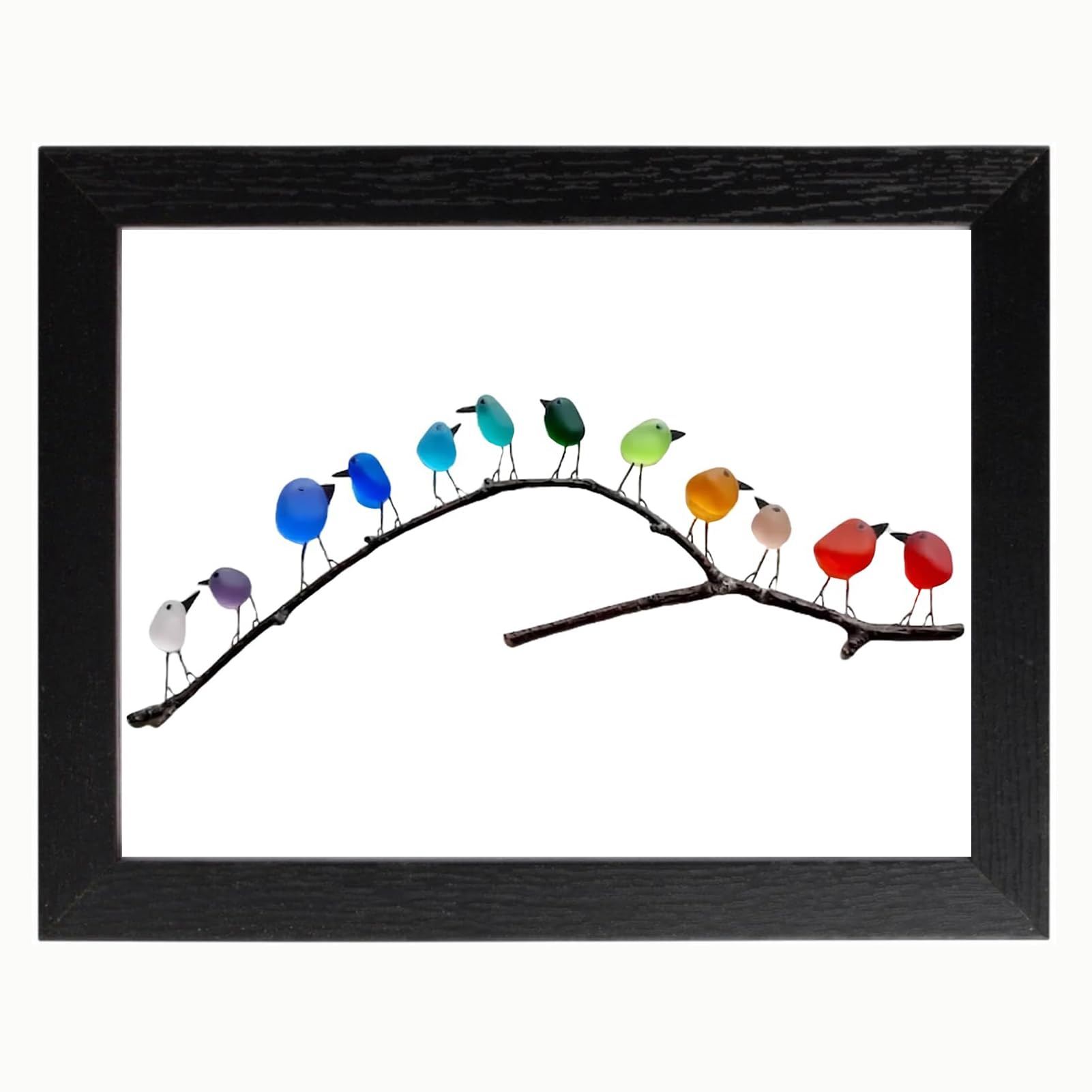 Abpwo 12 Birds (Black Frame) Sea Glass Art, Rainbow Birds On Branch, Glass Pictures Wall Art, Sea Glass Decor, Housewarmings, Birthday & Wedding Gifts, Handmade, 12 Birds, Black Frame
