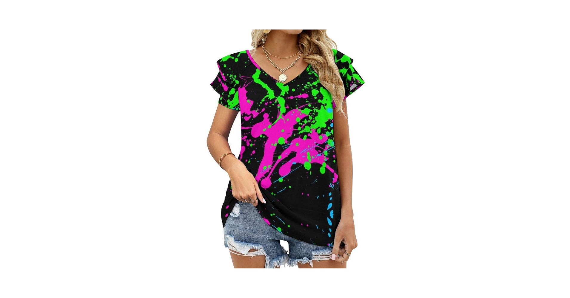 Juiimr Glow in Dark Splatter Neon Women's Tops,V Neck T