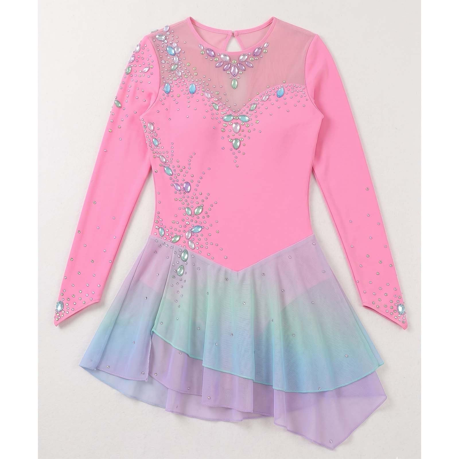 Abito Pattinaggio Artistico Bambina & Donna, Body da Gara con Strass, Costumi da Pattinaggio su Ghiaccio, Manica Lunga per Spettacoli