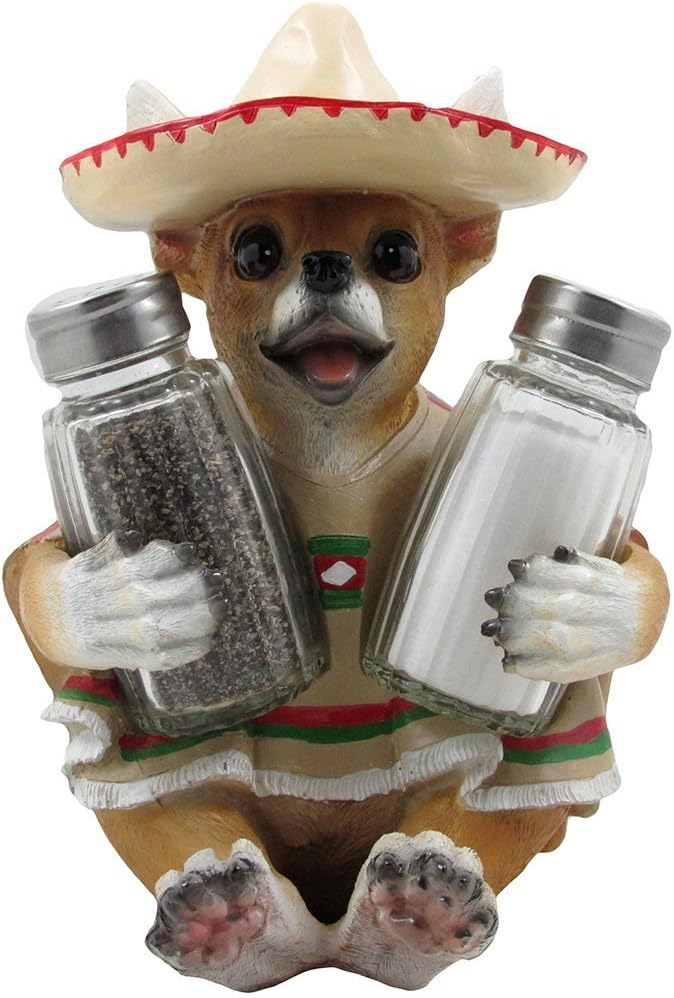 South of the Border Chihuahua Glass Salt and Pepper Shaker Set with Decorative Holder Figurine for Southwestern & Mexican Bar Sculptures and Statues As Kitchen Decor Spice Racks and Gifts for Pet or