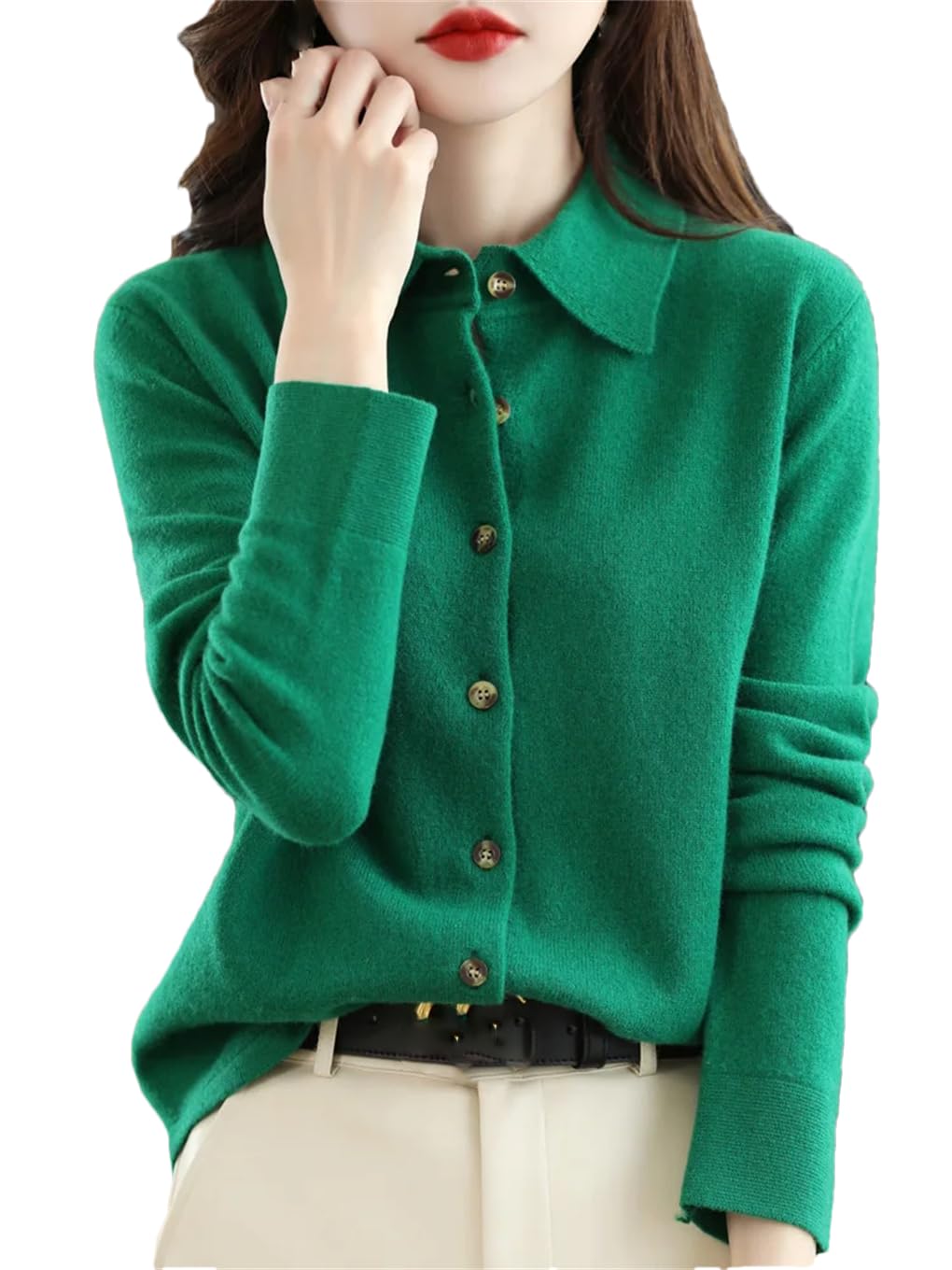 Cardigan da donna in lana merino, a maniche lunghe, con colletto girato