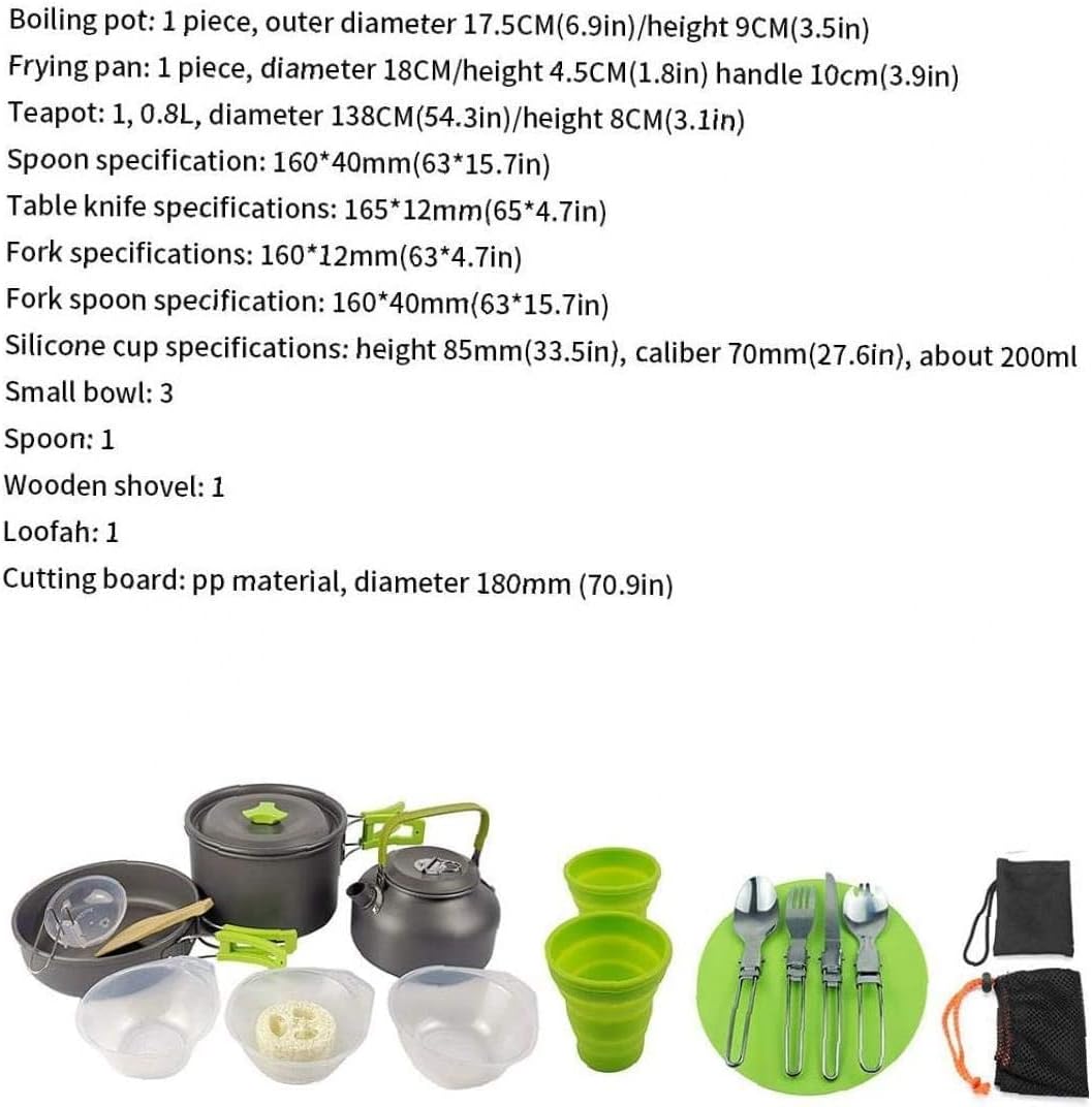 Camping Cookware Mess Kit, Outdoor Cooking Tools Set,Lightweight Pot Pan Kettle Fork Knife Spoon Kit Camping Picnic Hiking Utensils (Color : Green)