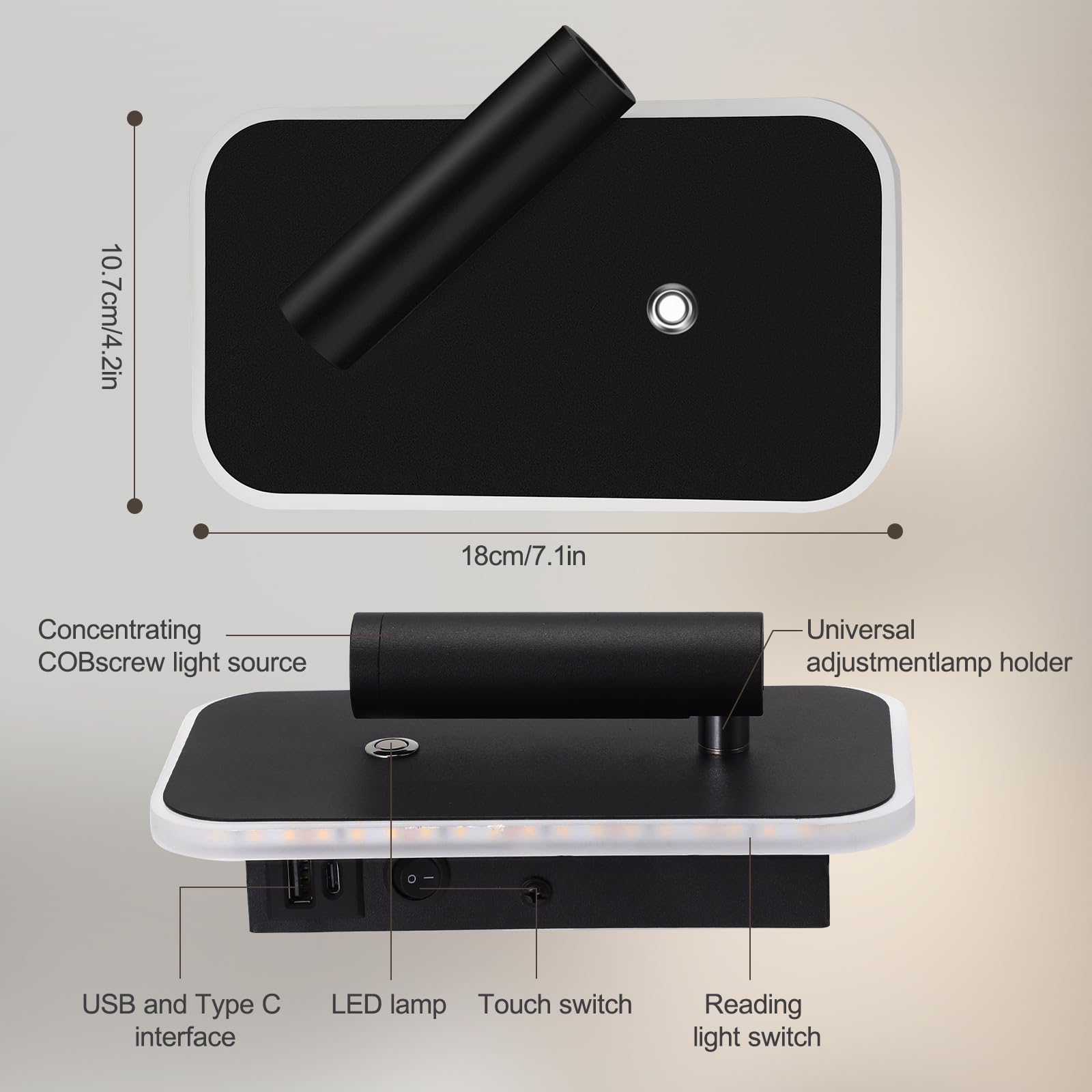 Lampe tête de lit 3W+9W 3000K, lumière de lecture murale avec interrupteur d'atténuation continue et port USB, applique de chevet noir 2 pièces