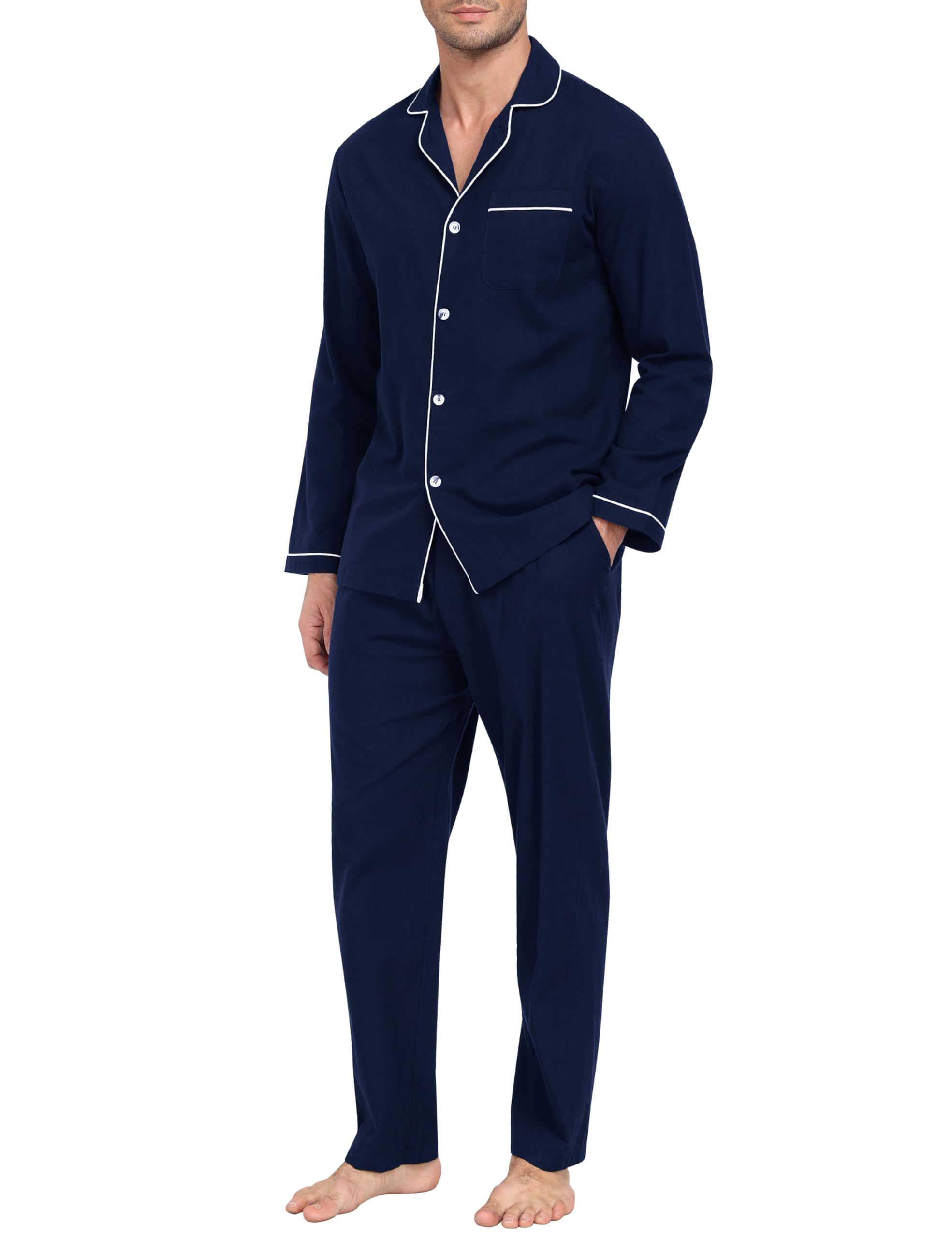 MoFiz Pyjama Homme Coton Ensemble de Pyjamas Col V avec Boutons Hiver Long Vêtements de Nuit Manche Longue Hauts et Pantalon de Pyjama