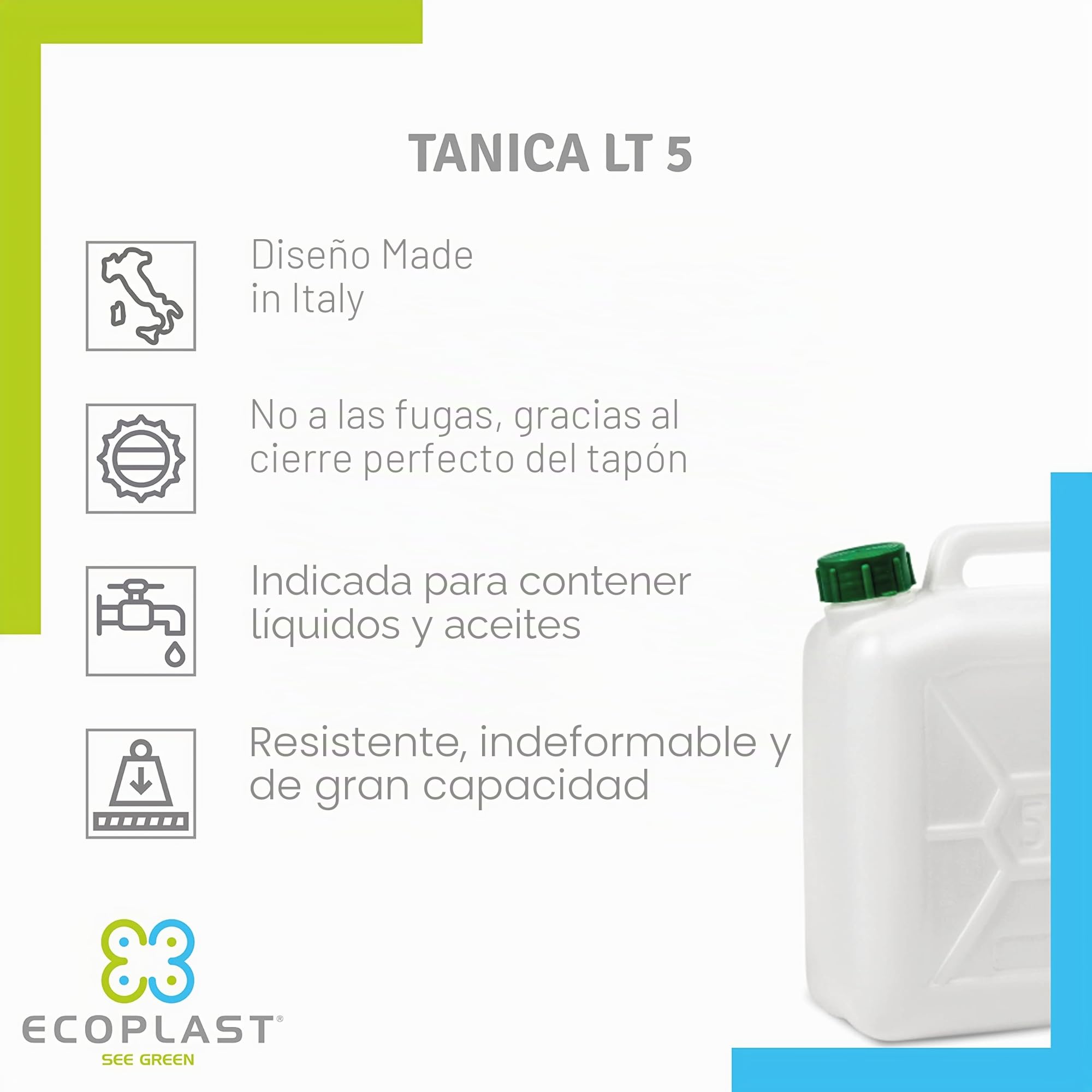 Ecoplast Bidón plástico transparente 5 litros almacenamiento líquidos cierre hermético