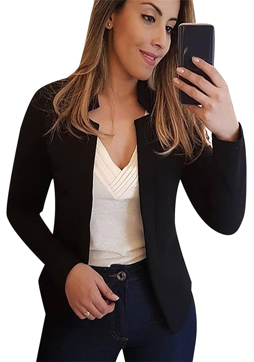 YMING Womens Open Front Work Blazer Business Long Sleeve Jackets Solid Color Office Short Cardigans
