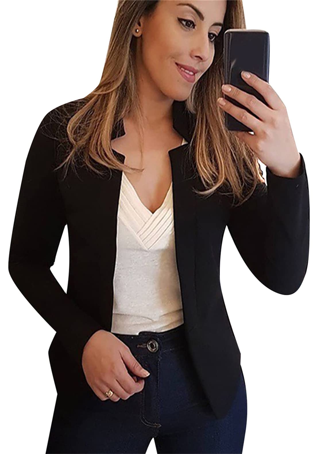 YMING Womens Open Front Work Blazer Business Long Sleeve Jackets Solid Color Office Short Cardigans