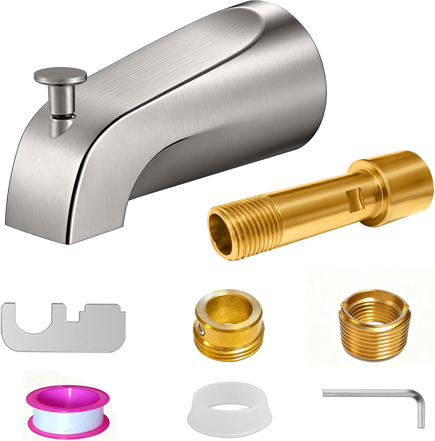 Brushed Nickel Bathtub Spout with Diverter, All Metal,5.3 Inch Tub Spout, Fits 1/2" Copper Slip-On and 1/2" or 3/4" IPS Threaded Pipes, Leak-Free, Slip Fit Tub Spout with Pull-Up Diverter