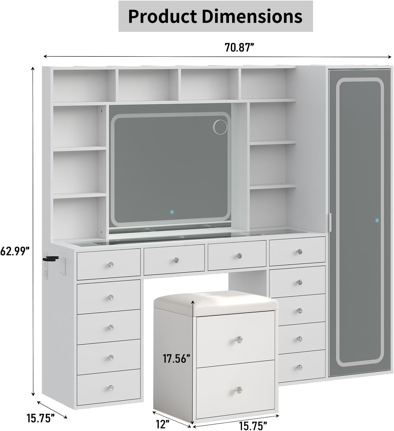 Vanity Desk Full Length Mirror & LED Mirror with Power Outlet, Makeup Vanity 14 Drawers & 10 Shelves, Hidden Storage Capacity, Dimmable & 3 Color Lighting Dressing Table for Bedroom, White