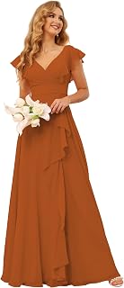 Long Chiffon Bridesmaid Dresses with Slit V Neck Short Sleeve Ruffled Split Long Bridesmaid Dress with Pockets CM176