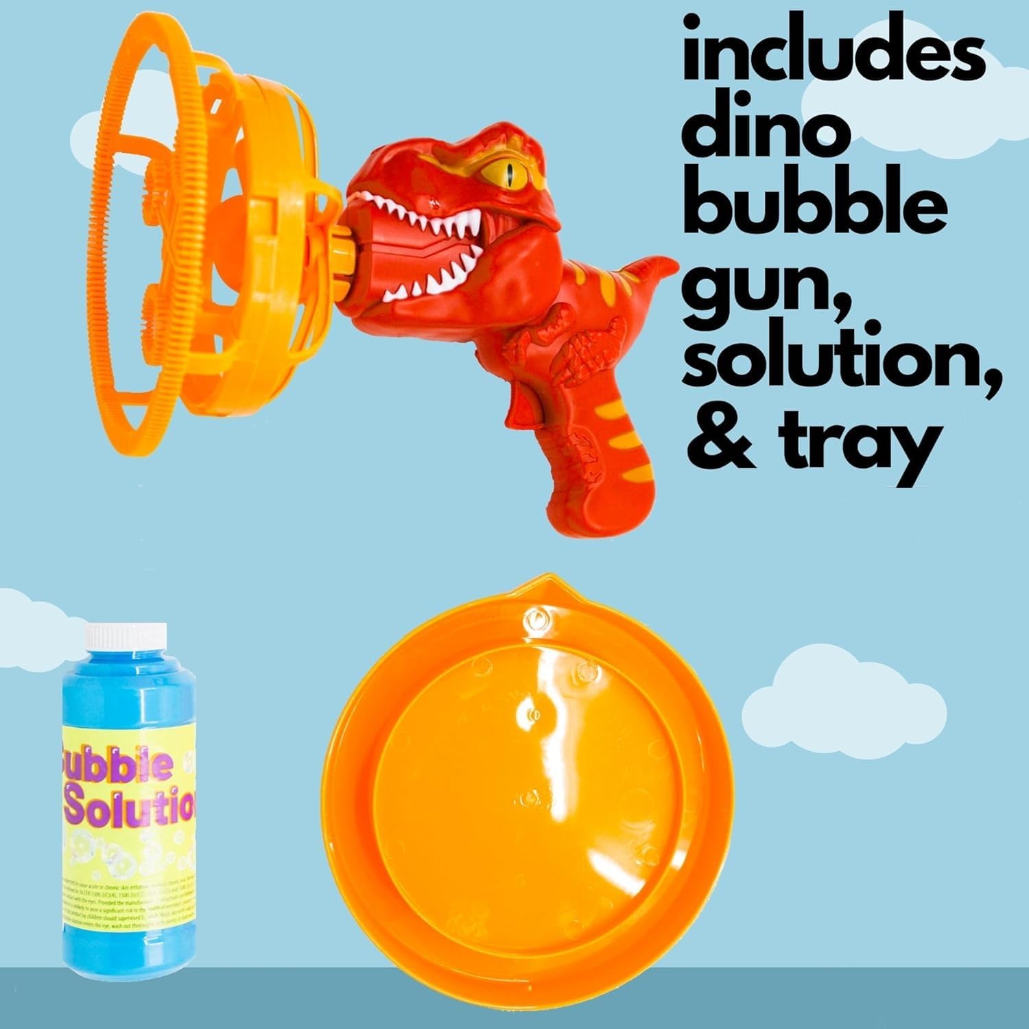 Dinosaur Bubble Blower - Blows Extra Large Bubbles for Kids, Includes Bubble Solution, and Tray - Red