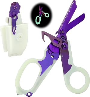 6 in 1 Multi-function Trauma Shears with Strap Cutter and Glass Breaker, with Luminous Holster, Stainless Steel Foldable Trauma Shears For Outdoor Camping Emergency Tool (Luminous Purple)