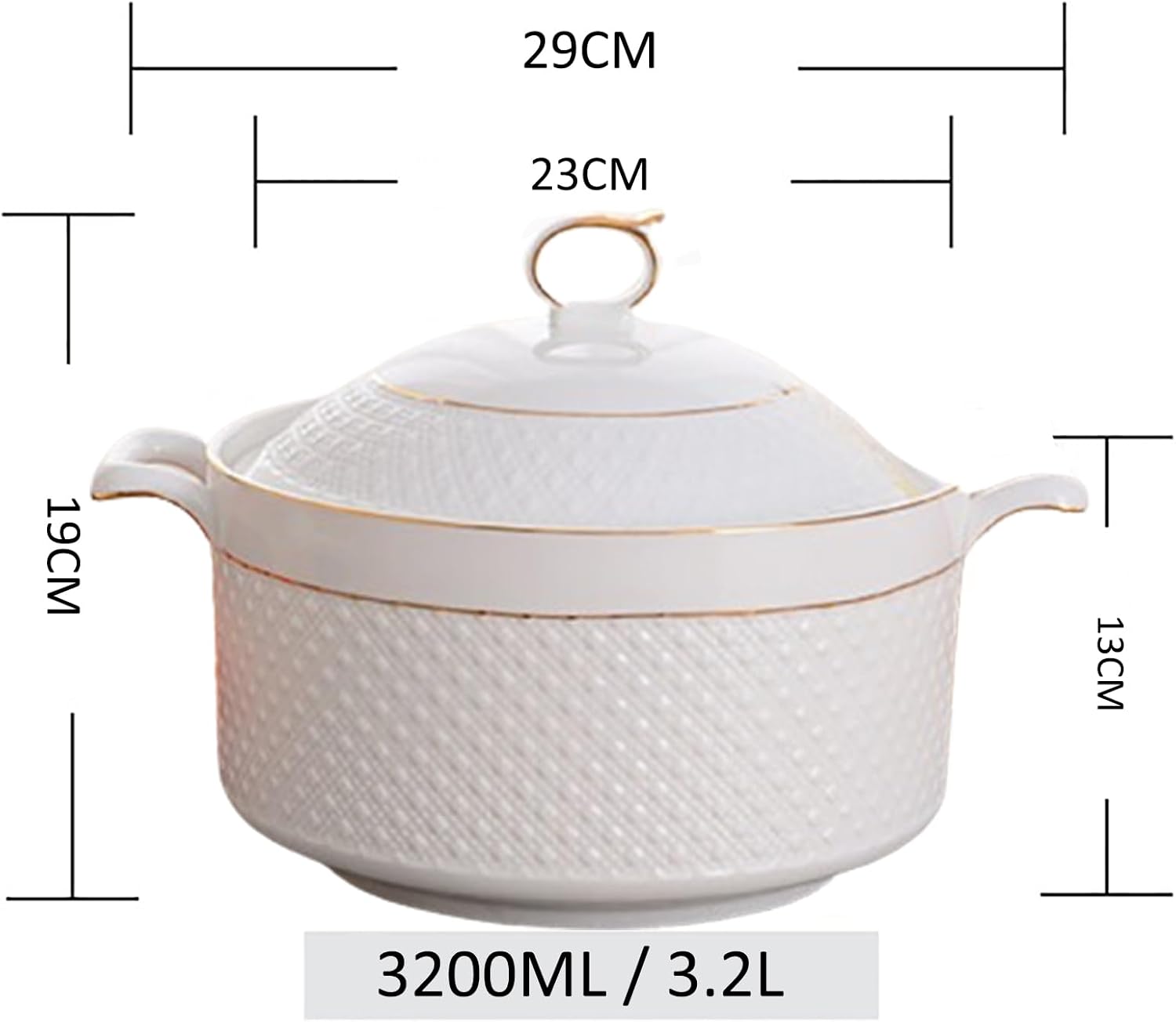 White Soup Tureen with Gold Design,Double Handle Soup Serving Bowl with Lid and Ladle Bone China Tableware,3.2L