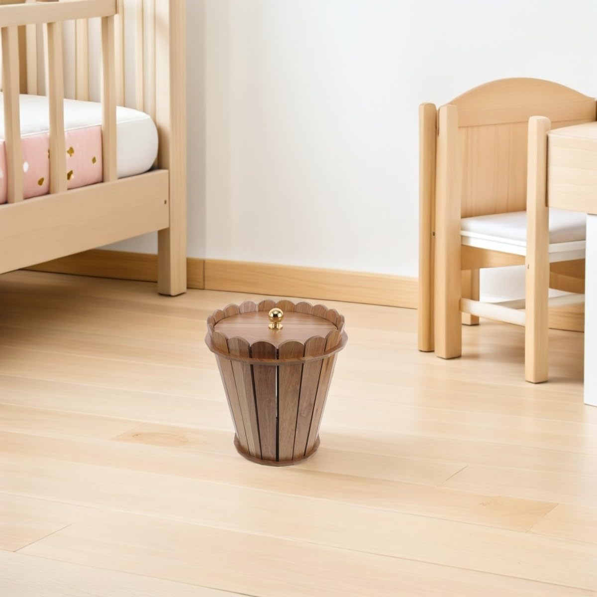 NUOBESTY Runder Stabiler Holz Mülleimer in Khaki für Bad und Büro mit Rustikalem Bauernhausstil und Stilvollem Holzdesign für Vielseitige Nutzung