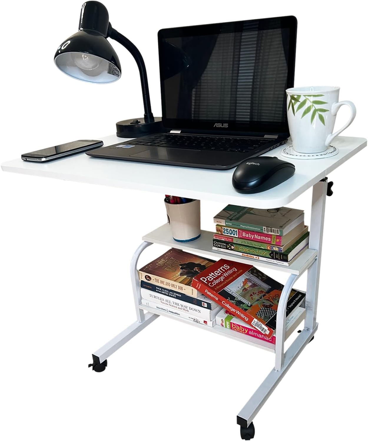 Adjustable Computer Laptop Desk Small Mobile Desk Slim Rolling Table Desk on Wheels for Bedroom/Couch/Living Room/Studying/Writing/Learning/Homework (Snow White)