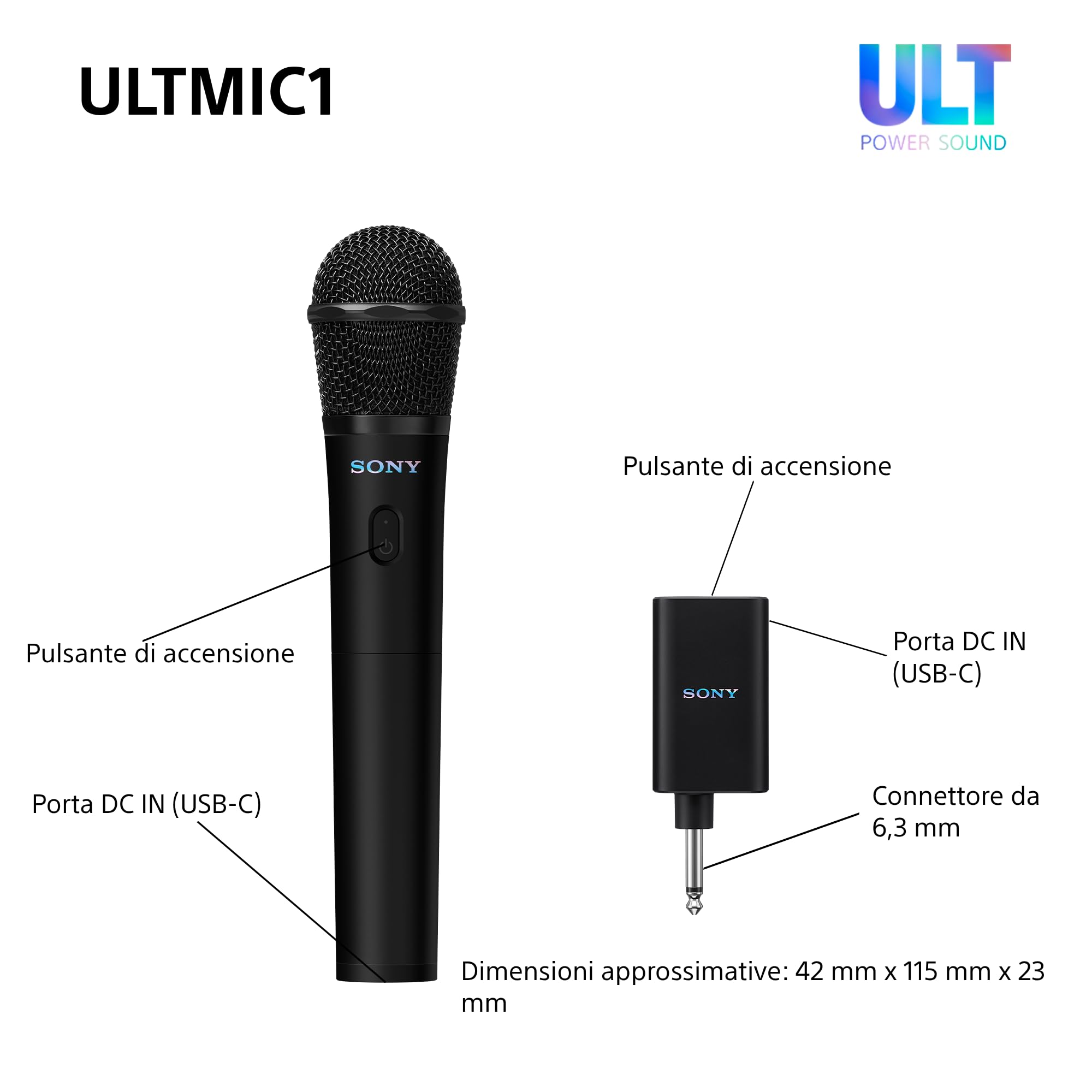 Sony ULTMIC1 - Set di microfoni wireless con 2 microfoni e ricevitore, riduzione avanzata del rumore, Duet Assist, batteria da 20 ore, antiurto, perfetto per la serie ULT POWER SOUND - Black
